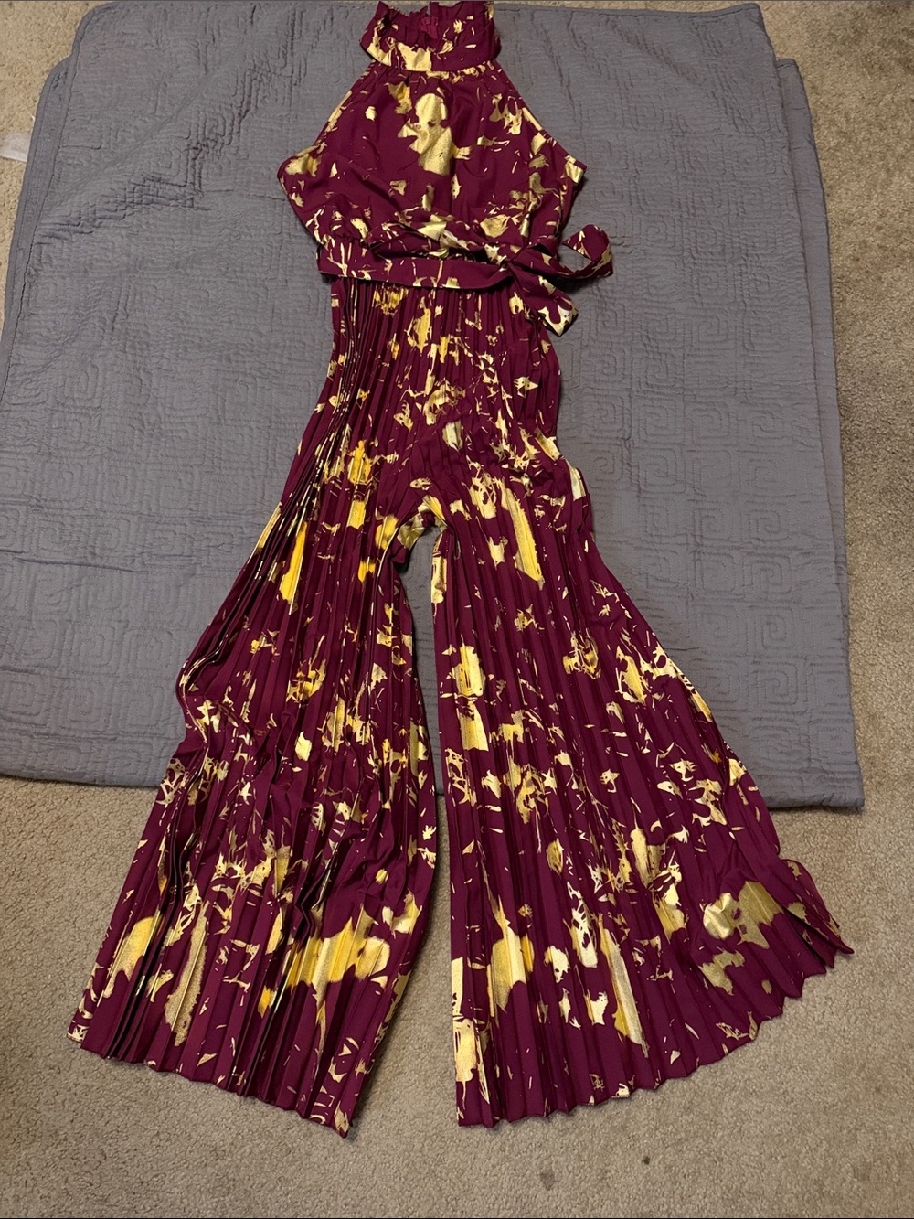 SHEIN Burgundy Halter Pleated Jumpsuit with Gold Print